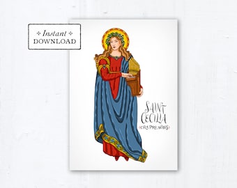 Saint Cecilia Card - Art Print - Instant Download - DIY Downloadable PDF 5"x7" - Saint Printable Saint Art Print Confirmation Gift Baptism
