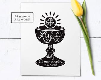 Catholic First Communion Hand Lettered PERSONALIZED Black & White Frameable Art Print - Downloadable PDF 8"x10"