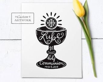 Catholic First Communion Hand Lettered PERSONALIZED Black & White Frameable Art Print - Downloadable PDF 8"x10"