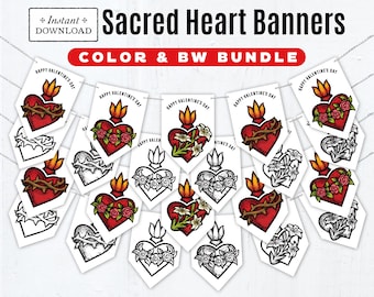 Sacred Hearts Valentine's Day Banners Bundle, Color & BW Coloring Page Printable Banners, Sacred Heart Banners Sacred Heart of Jesus, June