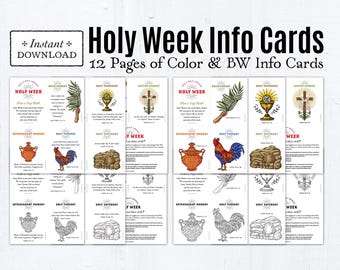 Holy Week 12 Info Cards or Banners, Printables 2 Versions Color & BW, Palm Sunday Spy Wednesday Holy Thursday Good Friday Easter Vigil
