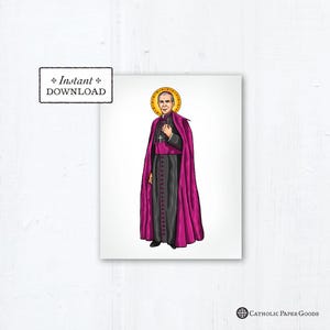 Può includere: Un'illustrazione digitale di una figura religiosa che indossa una tonaca nera con mantella e fascia color magenta, con un'aureola dorata dietro la testa. L'immagine include un riquadro con il testo Instant DOWNLOAD e un logo con Catholic Paper Goods.