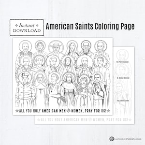 American Saints Catholic Coloring Page, Printable Coloring Page with Guide to the Saints, Catholic Saints, All Saints Day, Fourth of July