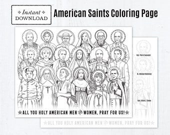 American Saints Catholic Coloring Page, Printable Coloring Page with Guide to the Saints, Catholic Saints, All Saints Day, Fourth of July