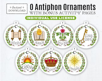 O Antiphons Individual Use, 7 Printable Color Ornaments with 2 Bonus O Antiphon Activity Pages, Instant Download, PDF 3.75 Advent Decor