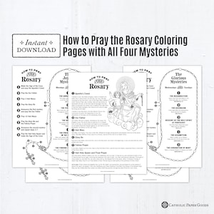 How to Pray the Rosary with Prayers and Mysteries, Catholic Coloring Pages, Catholic Prayers, 5 Printable Coloring Pages, PDF, Kid Rosary