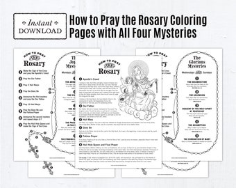 How to Pray the Rosary with Prayers and Mysteries, Catholic Coloring Pages, Catholic Prayers, 5 Printable Coloring Pages, PDF, Kid Rosary