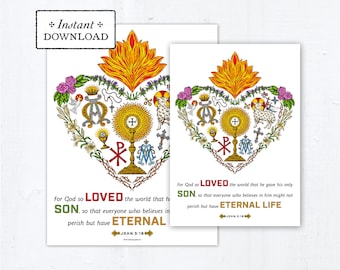 Catholic Symbols Color Print 8.5x11 & Card 5x7, Valentine, Lent, Catholic Valentine's Day Decor, Printable Art Print, Catholic Symbols