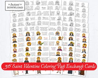 Catholic Saints Valentine Exchange Cards: 36 Color & Black/White (DIY Printable PDF)