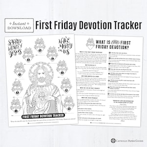 Puede incluir: Impresión en blanco y negro del rastreador de devoción del primer viernes. La imagen incluye ilustraciones del Sagrado Corazón de Jesús, texto y las palabras "Descarga instantánea". El rastreador está diseñado para rastrear la devoción.