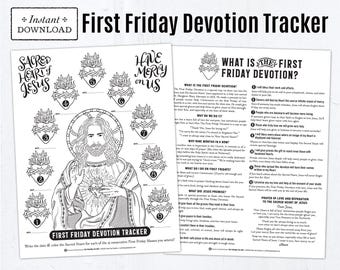 First Friday Devotion Tracker with Explanation, the Twelve Promises of Jesus & Prayer, Printable Catholic Coloring Page, Catholic Devotion