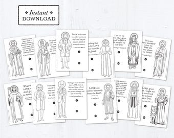Catholic Saints Coloring Page Valentine Exchange Cards Set 3 - Printable - DIY Downloadable PDF - 8.5x11 - Catholic Printable Valentines