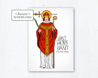 Saint Thomas Becket Card, Art Print, Instant Download, PDF 5x7 Printable Saint Print Confirmation Gift Baptism Thomas Becket