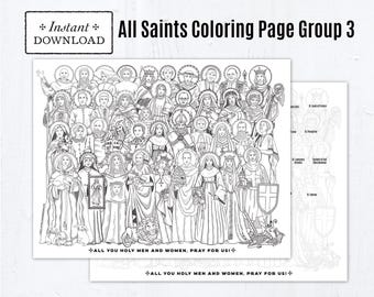 All Saints Group 3 Catholic Coloring Pages, Catholic Prayers, Printable Coloring Page with Guide & 39 Saints, Digital PDF, All Saints Day