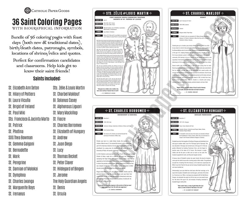 36 Catholic Saint Coloring Pages with Biographical Information, Bundle 1, Catholic Printables, All Saints Day, All Saints Day Activity, CCD image 2