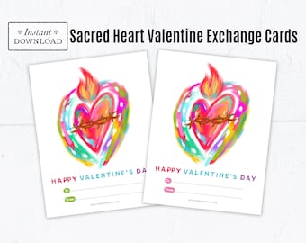 Catholic Painted Sacred Heart Valentine Exchange Cards - Printable Catholic Exchange Cards (PDF)