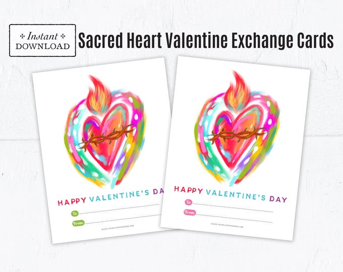 Featured listing image: Catholic Painted Sacred Heart Valentine Exchange Cards - Printable Catholic Exchange Cards (PDF)