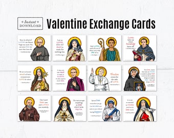 Catholic Saints Valentine Horizontal Exchange Cards Set 1, Printable, Downloadable PDF, Catholic Printable Valentine Saints Valentines