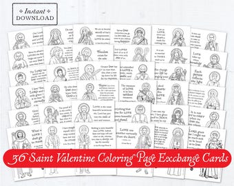 Catholic Saints Coloring Page Valentine Exchange Cards Bundle of 36 Black Printable - DIY Downloadable PDF - 8.5x11 - Catholic Printables