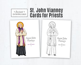 Saint John Vianney Color and Coloring Page Cards for Priests, Printable Greeting Cards, Priesthood Sunday Cards, Catholic Prayer for Priests