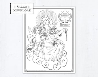 Catholic Coloring Page - Our Lady of the Rosary - Catholic Marian Art - Printable Coloring Page - Digital - PDF