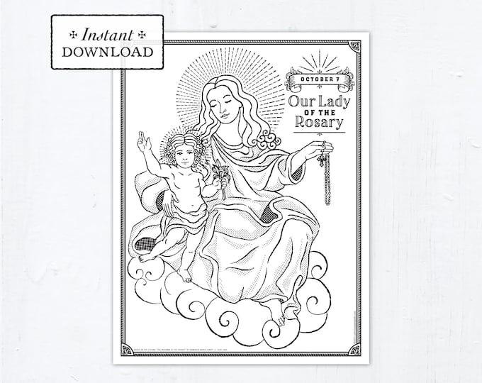Catholic Coloring Page - Our Lady of the Rosary - Catholic Marian Art - Printable Coloring Page - Digital - PDF