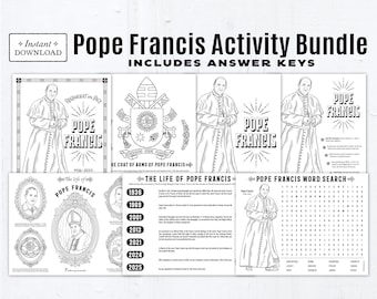 Pope Francis Activity Bundle and Coloring Pages, Timeline Activity with Answer Key, Word Search with Answer Key Printable PDF