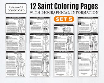 Set #5: 12 Catholic Saint Coloring Pages with Biographical Information, Catholic Printables, All Saints Day, All Saints Day Party, CCD, RCIA