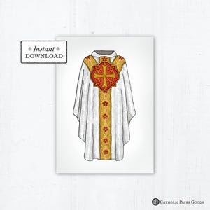 White Chasuble Printable Greeting Card for Catholic Priest, Priesthood Sunday, Priest Thank You Card, Catholic Priest Ordination Card A7