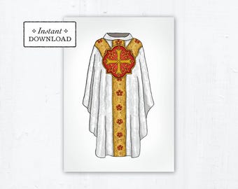White Chasuble Printable Greeting Card for Catholic Priest, Priesthood Sunday, Priest Thank You Card, Catholic Priest Ordination Card A7