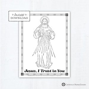 Puede incluir: Ilustración en blanco y negro de Jesús con rayos de luz que emanan de su pecho. El texto "Jesus, I Trust in You" está debajo de la imagen. Las palabras "Instant Download" están en un cuadro en la esquina superior izquierda. La imagen tiene un borde decorativo.