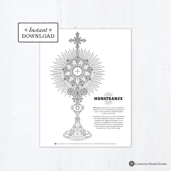 Monstrance Catholic Coloring Page, Corpus Christi, Eucharist, Printable Coloring Page - Digital - PDF Adoration Sacred Host Coloring Page