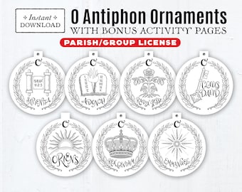 O Antiphons 7 Printable Ornaments PARISH/GROUP Use License with Bonus O Antiphon Activity Pages, Instant Download, PDF 3.75" Advent Decor