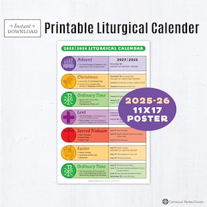 2025-26 Printable Catholic Liturgical Calendar Poster: 11x17 Color Poster, Catholic Education, Classroom Decor, Lent, Advent, Ordinary Time