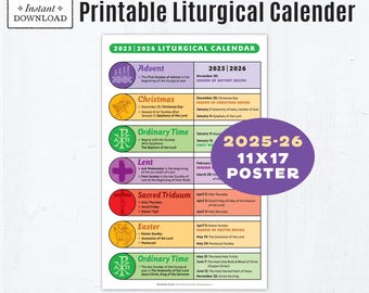 2025-26 Printable Catholic Liturgical Calendar Poster: 11x17 Color Poster, Catholic Education, Classroom Decor, Lent, Advent, Ordinary Time
