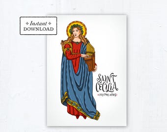 Saint Cecilia Card - Art Print - Instant Download - DIY Downloadable PDF 5"x7" - Saint Printable Saint Art Print Confirmation Gift Baptism