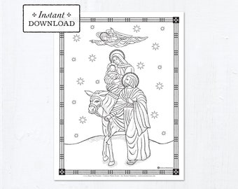 Catholic Coloring Page - Christmas - The Flight to Egypt - Printable Coloring Page - Digital - PDF - Downloadable Coloring Page