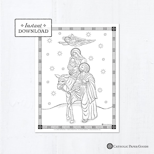 Catholic Coloring Page - Christmas - The Flight to Egypt - Printable Coloring Page - Digital - PDF - Downloadable Coloring Page