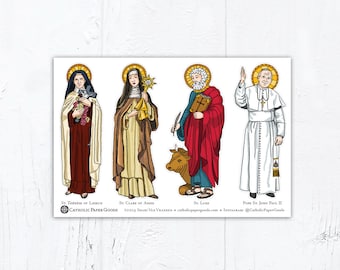 St. Thérèse, St. Clare, St. Luke, Pope St. John Paul II - Catholic Vinyl Stickers - Sheet of 4 Stickers 4" x 6" Peel & Stick - Weatherproof