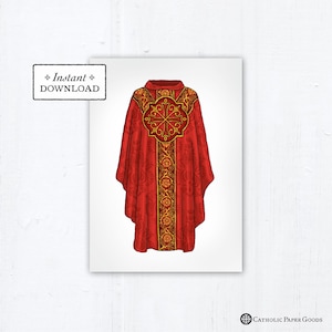 Red Chasuble Printable Greeting Card for Catholic Priest, Priesthood Sunday, Priest Thank You Card, Catholic Priest Ordination Card A7