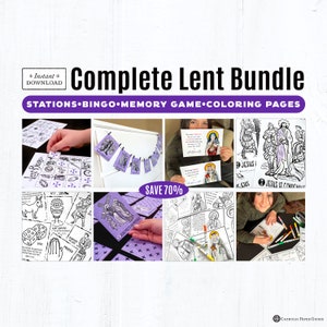 Lent Printable  Bundle: Stations of the Cross, Bingo, Memory Game, Coloring Pages, Lent with the Saints, Color Art Prints, Banners, Decor