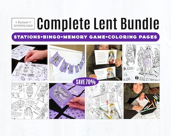 Lent Printable  Bundle: Stations of the Cross, Bingo, Memory Game, Coloring Pages, Lent with the Saints, Color Art Prints, Banners, Decor