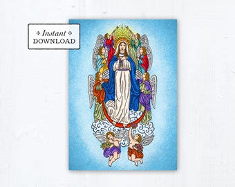 The Assumption of Mary Card, Catholic Greeting, Card Art Print, Instant Download, Printable PDF 5"x7" Art Print Blessed Virgin Mary