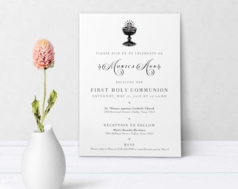 Catholic First Communion Invitation Customizable Black & White - Boy or Girl - Downloadable Template PDF 5"x7"