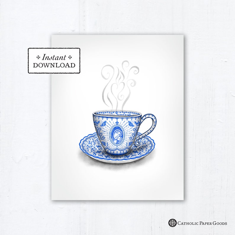 Marian Teacup Art Print Instant Download Catholic Mother's Day Marian Art DIY Downloadable PDF 8x10 Catholic Printable Art image 1