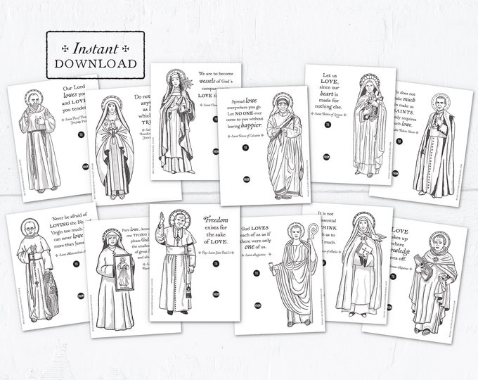 Catholic Saints Coloring Page Valentine Exchange Cards Set 1 Printable - DIY Downloadable PDF - 8.5x11 - Catholic Printable Saint Valentines
