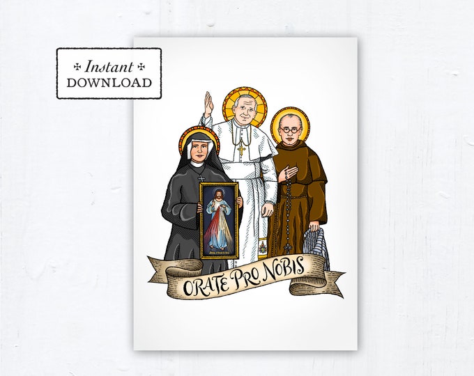 Polish Saints 5x7 Card Art Print, Instant Download, Downloadable PDF Saint Squad Pope John Paul II Faustina Maximilian Kolbe