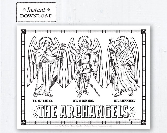 Featured listing image: Catholic Coloring Page - Archangels: St. Michael, St. Gabriel, St. Raphael - Catholic Saints - Printable Coloring Page - Digital - PDF