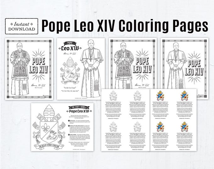 Featured listing image: Pope Leo XIV Coloring Pages & Prayer Cards in Color and BW, Printable Coloring Pages Pope Leo XIV First American Pope