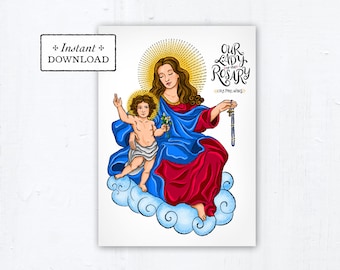 Our Lady of the Rosary Prayer Card, Greeting Card, Art Print, Instant Download, DIY Downloadable PDF 5"x7" Printable Marian Card Hail Mary